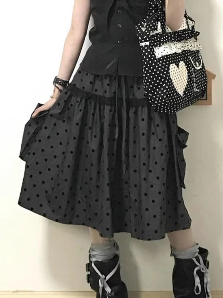 GG 2000 Aesthetic Gray Design Polka Dot Skirt Women NewAmerican Retro Cute SkirtsFemale A-line Hottie LaceKorean Popular Clothes