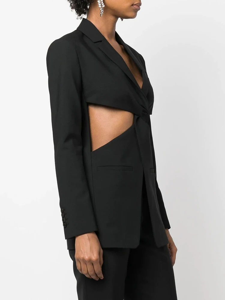 TWOTWINSTYLE-Blazers ahuecados sólidos para mujer, Blazer largo sin mangas con cuello con muescas, pliegues de retazos, elegante, ropa femenina