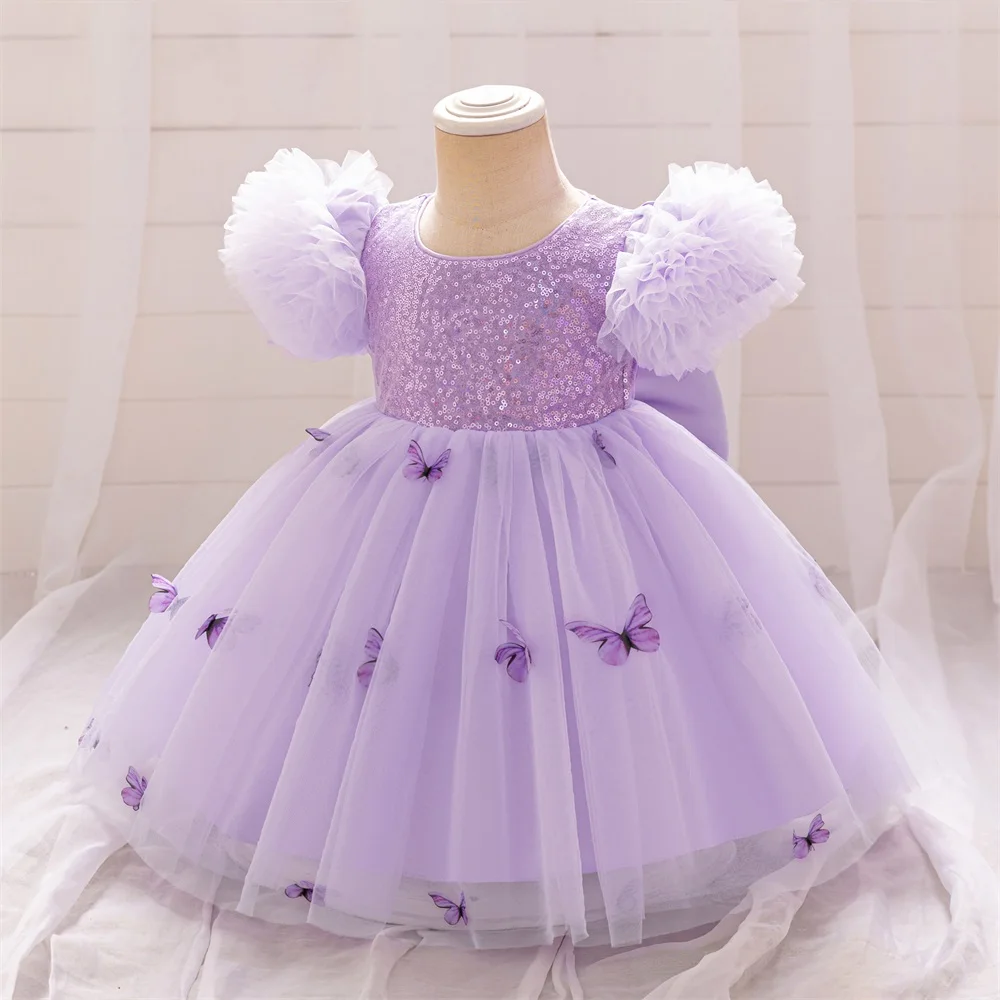 

Girls Purple Sequin Birthday Baptism Gown Baby Lace Tutu Dresses Girls Butterfly Costume Infant Fluffy Clothing Girl New Wear