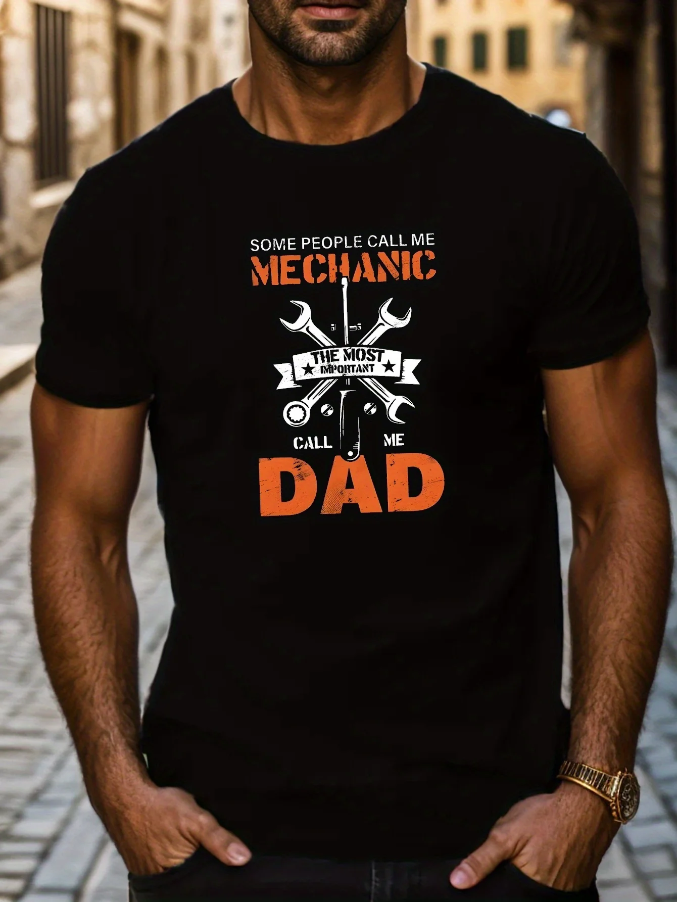 

Мужская футболка с рисунком Mechanic Dad из чистого хлопка, повседневная футболка с короткими рукавами, дизайн инструментов с надписью, черный с оранжевым принтом