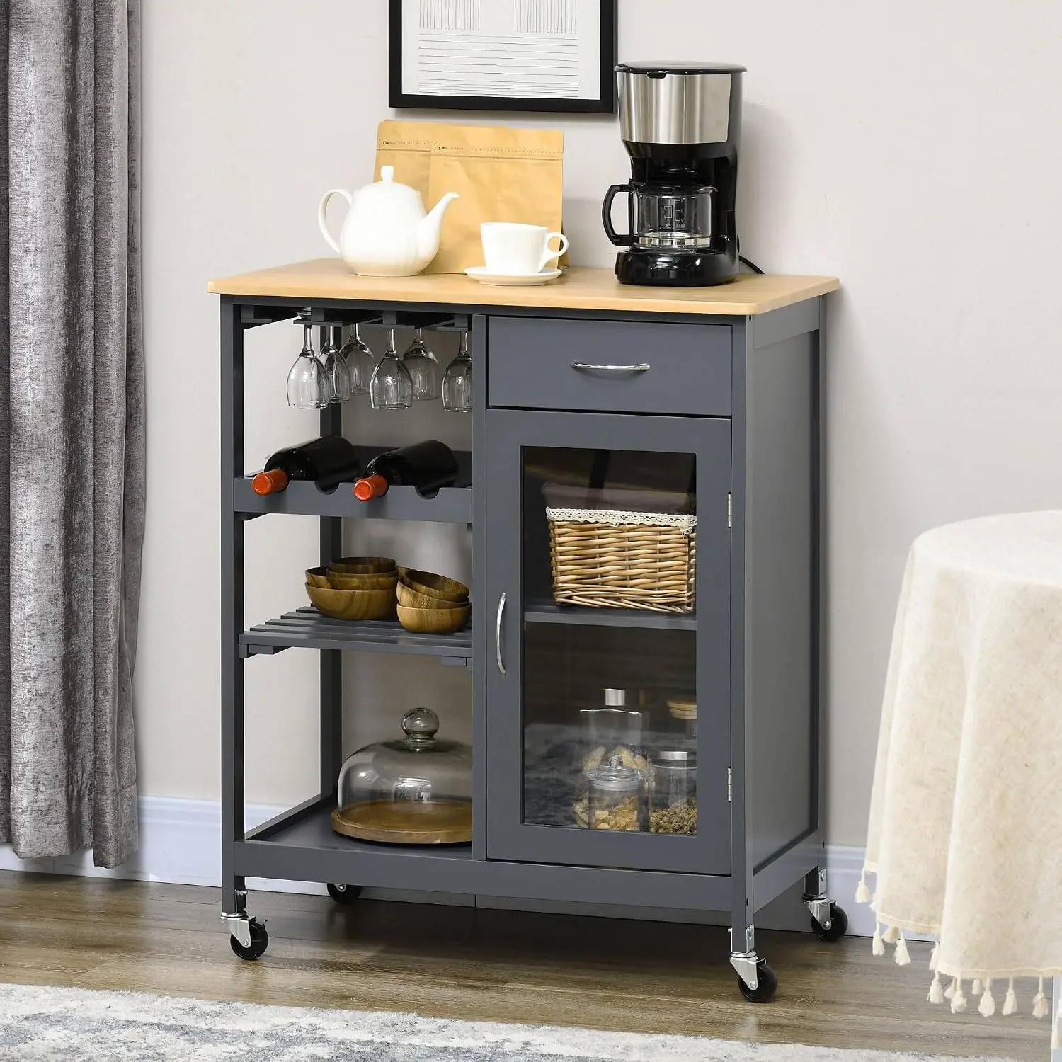 Rolling Kitchen Island Cart with Wine Rack, Stemware Holder, Storage Shelves, Drawer & Cabinet, Gray, Customized