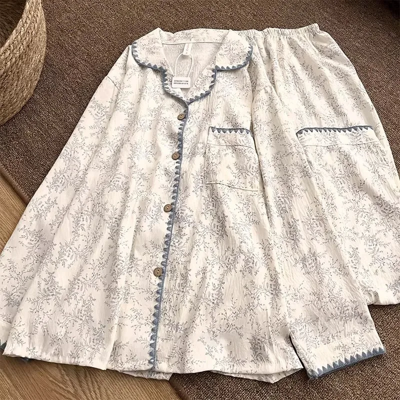 B 2026 Women Floral Print Pajama Set Long Sleeve Lapel Shirt & Trousers Soft Casual Homewear Ladies Sweet Nightwear Sleepwear