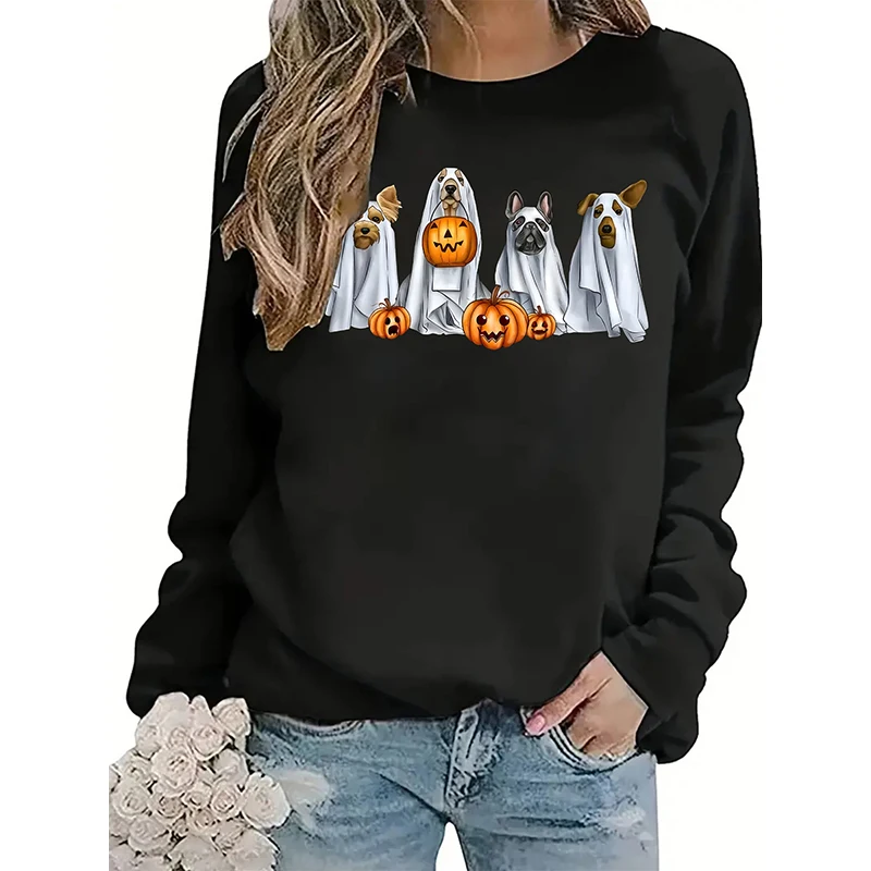 

Halloween Women's Sweatshirt Casual Loose Round Neck Long Sleeve Women's Tops Pumpkin Print Cartoon Women's Tops