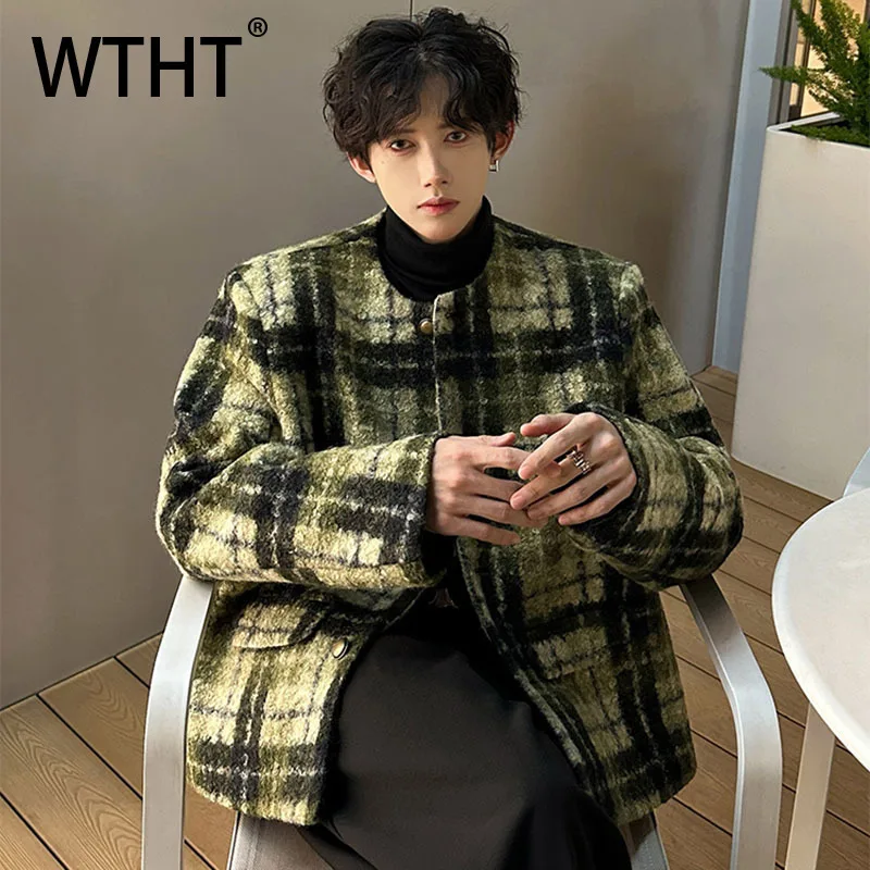 

WTHT Trendy 2025 Autumn Men's Plaid Shoulder Pads Casual Coats Fashion Korean-style Round Collar Jackets Male 2A2163