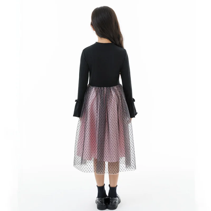 فستان توتو بأكمام طويلة مضيئة للخريف الفرنسي بتصميم كلاسيكي لعام 2025 فستان الأميرة منقط للأطفال 4 8 10 12 14 سنة #3