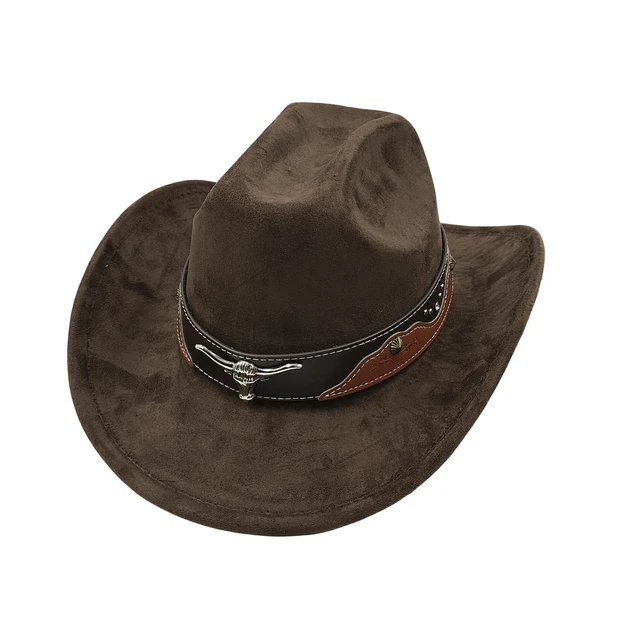 Krowa głowa Pasek Zamsz Skóra 7.5CM Western Cowboy Fedora Kapelusz Damski Męski Kościół Jazz Kapelusz Moda Podróż Impreza Kapelusz Denim Kapelusz