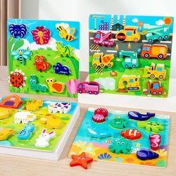 Wooden Montessori Toys Animal Transportation Sea Animal Fruits Early Education Fun 3D Paste Puzzle Toys for Children's Kids Gift
