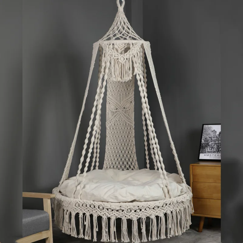 handwoven cotton round swing chair indoor outdoor large size bohemian macrame hammocks