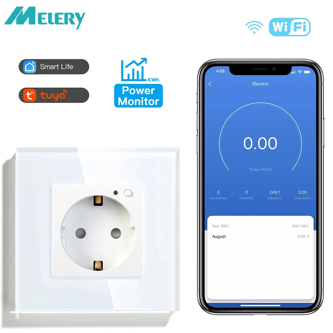 

Melery Wifi Smart EU Wall Socket 16A Crystal Glass Electrical Plug Outlet Plate Panel Switch Remote by Tuya Alexa Google Home
