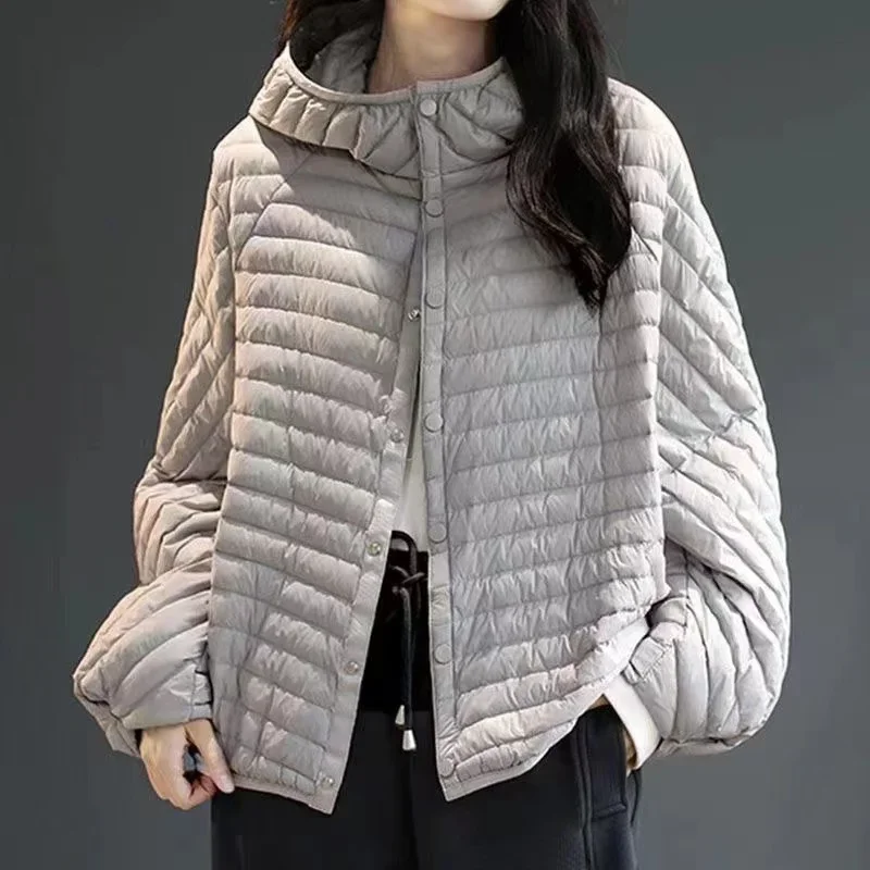 Women Ultralight White Jacket with Hood Over Size Loose Casual Autumn Winter Outwear Coat 2024 New