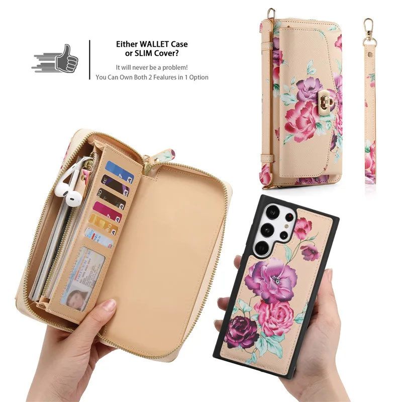 Retro Flower Multi-function Case For Samsung Galaxy S22 S23 Plus Note 20 Ultra Long Lanyard Zipper Leather Magnetic Wallet Cover