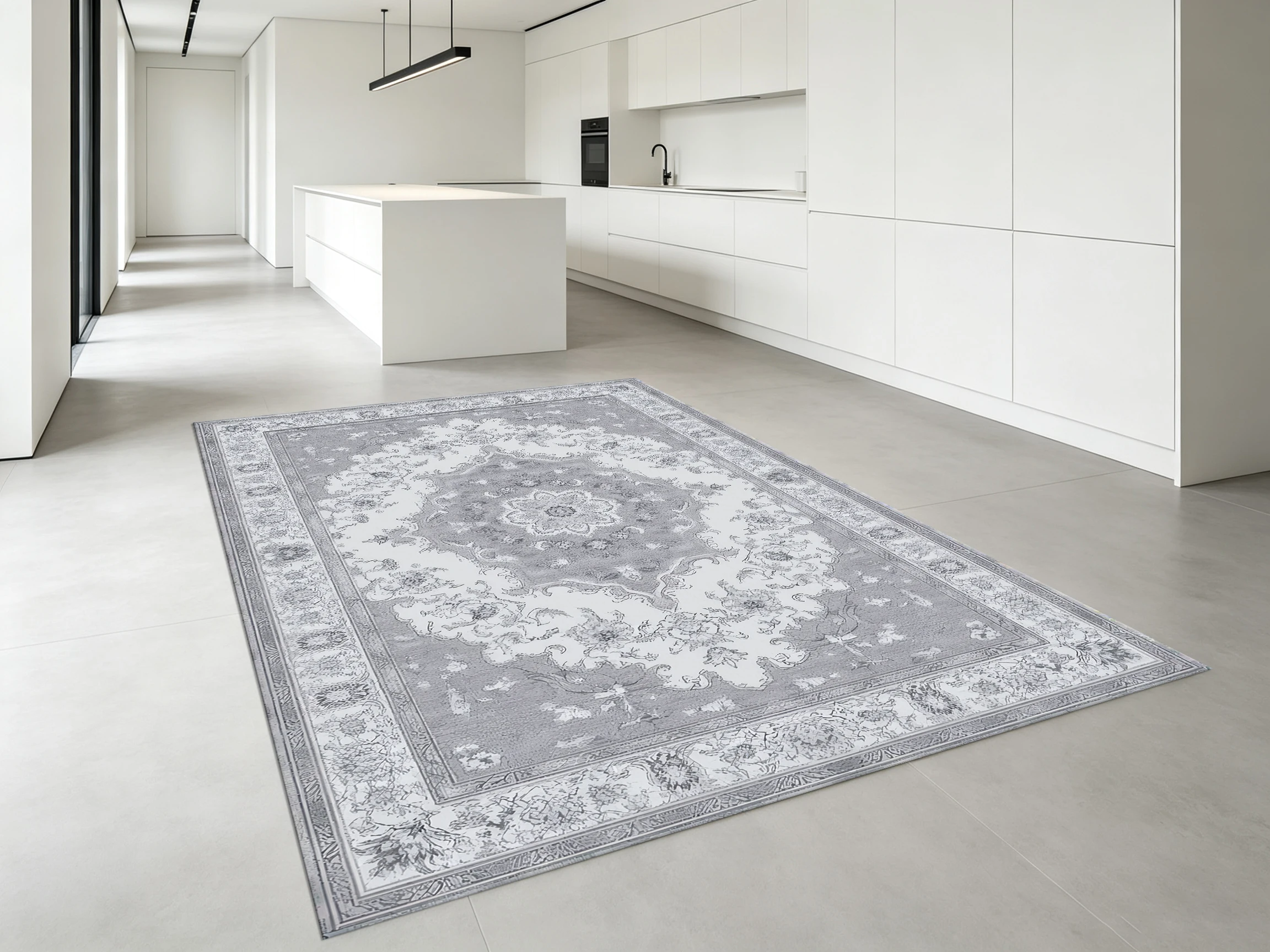 2D Velvet Carpet in Premium Gray with Retro European Pattern a Luxurious & Comfortable Item for Living Rooms & Bedrooms