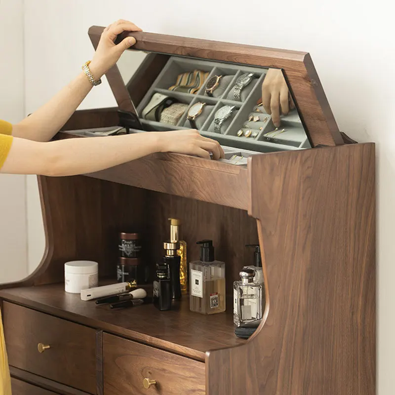 ตู้แต่งตัวไม้เนื้อแข็งวอลนัทสีดำสไตล์นอร์ดิก โต๊ะเครื่องแป้ง ที่เก็บของอเนกประสงค์สไตล์มินิมอลที่ทันสมัย