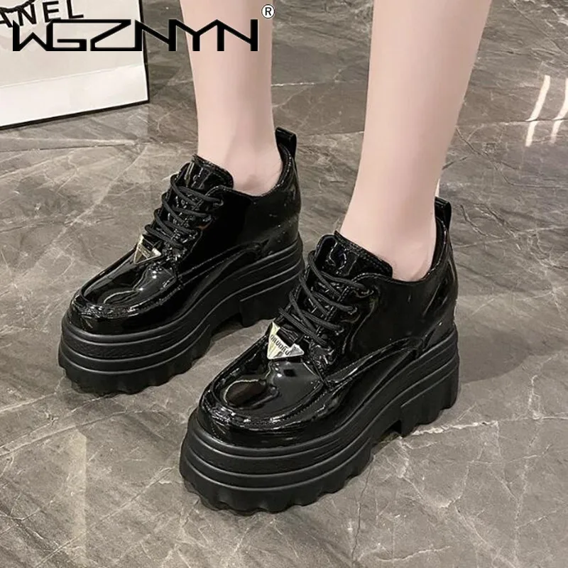 NEW Women Patent Leather Platform Ankle Boots 10CM Wedge Heels Ladies Autumn Chunky Sneaker Pumps Woman Lace-Up Thick Black Shoe