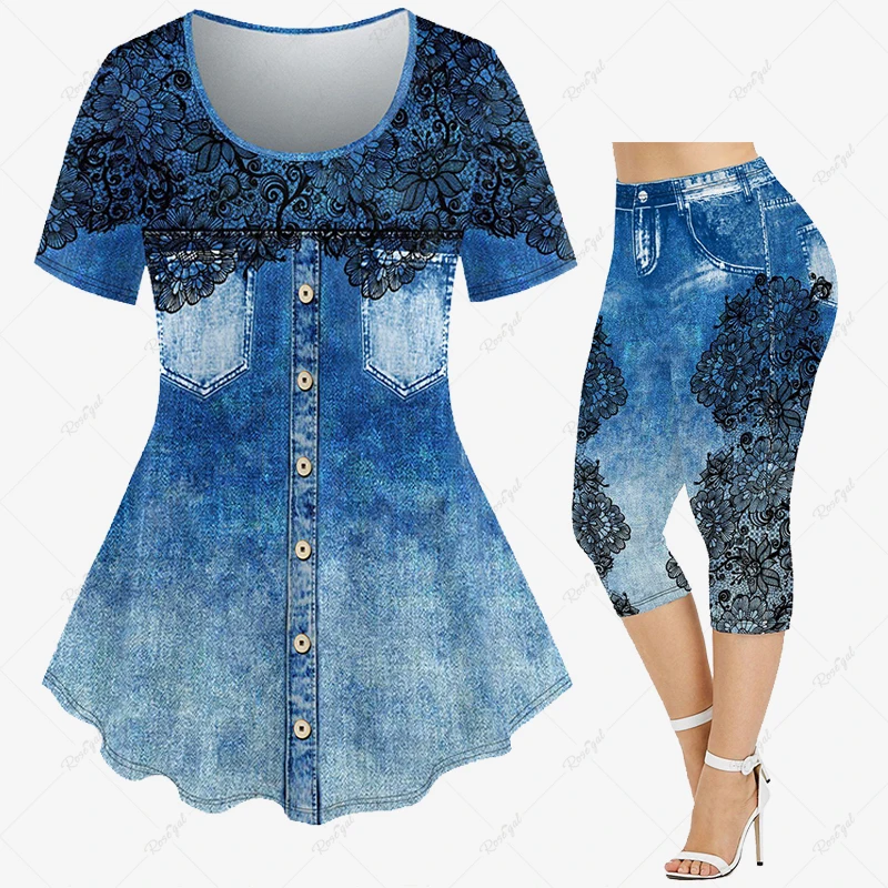 Conjunto a juego de camiseta o Leggings con estampado 3D, traje de talla grande, con ojales y cremallera, apliques, pentagrama de mezclilla, Corazón