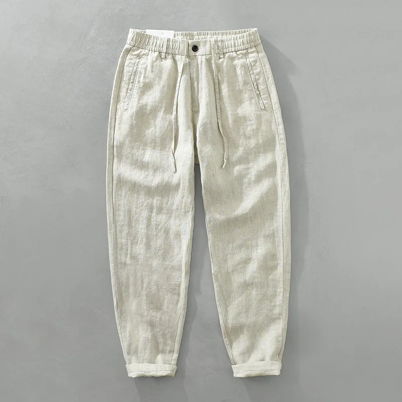 

High Quality 100% Linen Casual Pants for Men Four Seasons Vintage Drawstring Waist Loose Fit Breathable Beach Trousers