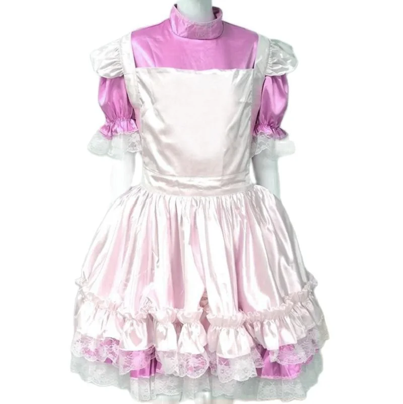 

Multi Color Fashion Adult Giant Baby Girl Sexy Pink Satin Dress White Apron Sissy Makeup Ball Maid Gothic Role-playing Lockable