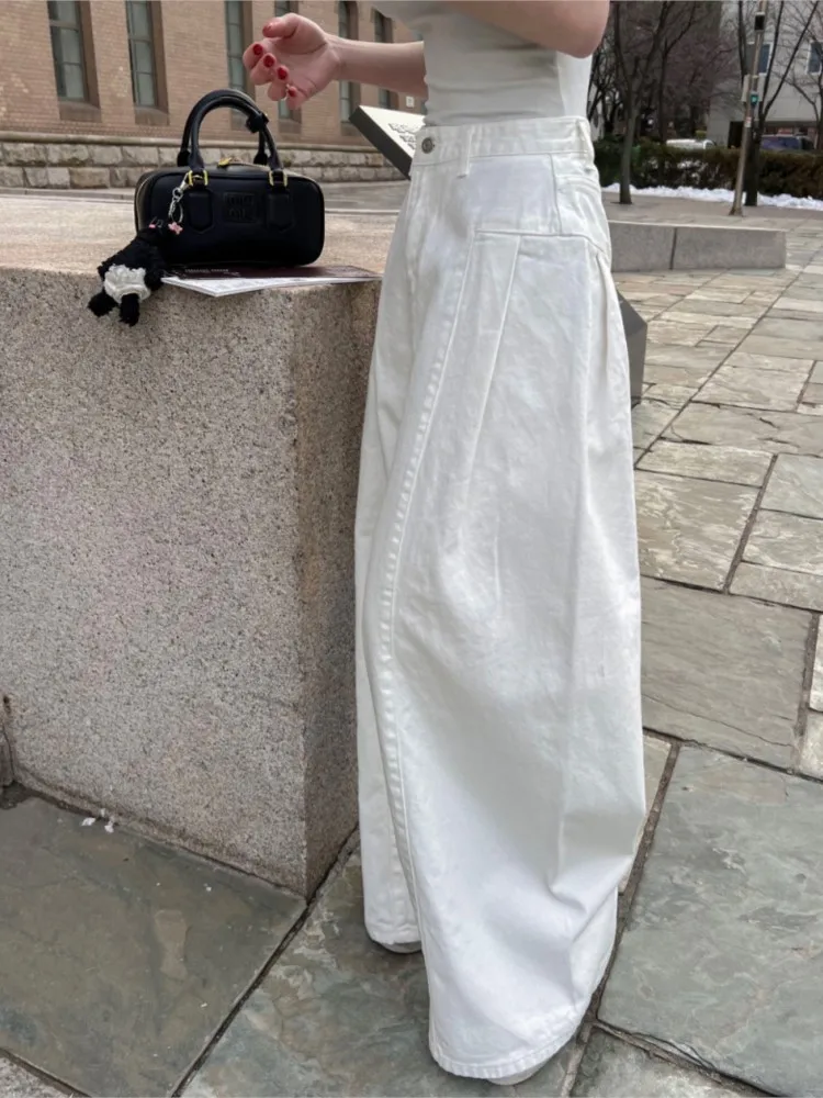 Jean Taille Haute pour Femme, Pantalon Long à Jambes Larges, Style Coréen, Plissé, Mode FjCasual, Printemps Été
