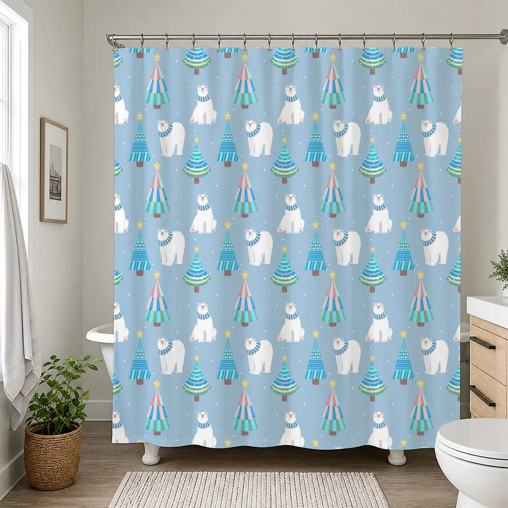 Cute Polar Bear Christmas Tree Shower Curtain Waterproof Shower Liner Bathroom Decor Xmas Holiday Cartoon Panel Shower Stall Cur