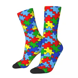 Autumn Winter Crazy Design Men's Women's Autism Puzzle Pieces Ribbon Socks Awareness Breathable Basketball Socks