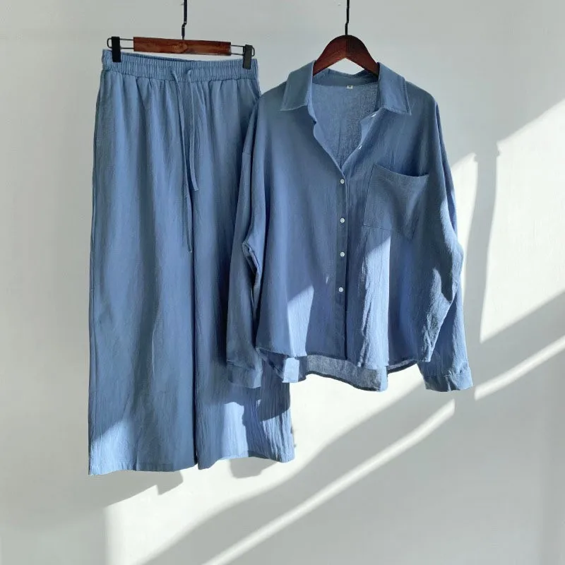 Loose Solid Color Cardigan Shirt Wide Leg Pants Women\'s 2-piece Set Of Retro Cotton Linen Shirt High Waist Long Pants Set Outfit