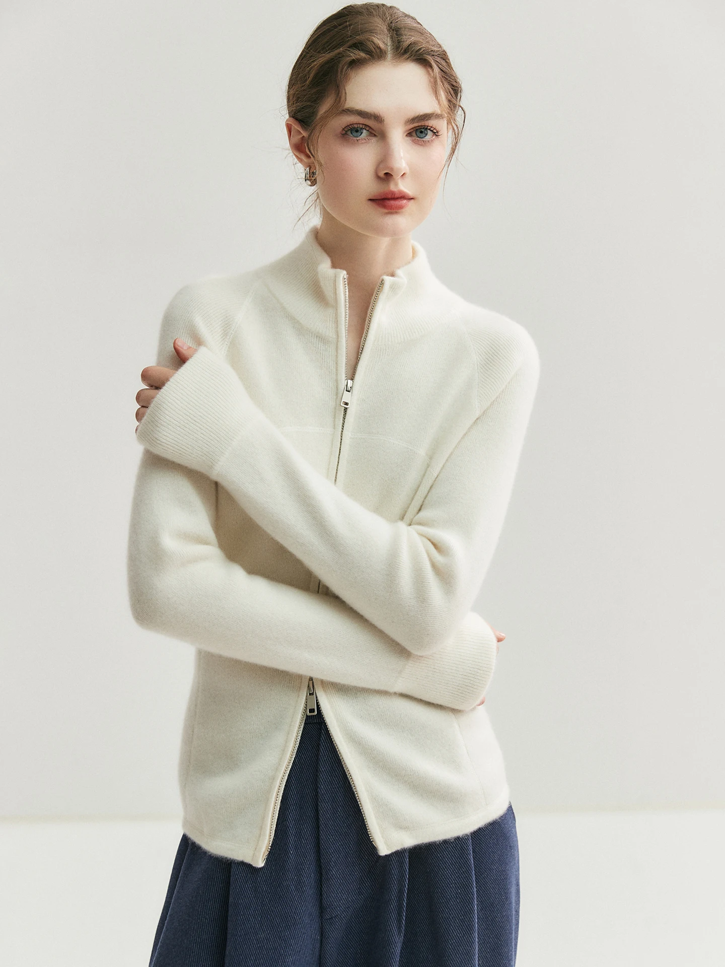 

Вязаный свитер с двойной молнией и длинными рукавами в корейском стиле, повседневный, приталенный, для работы, элегантный, осенне-зимний модный топ