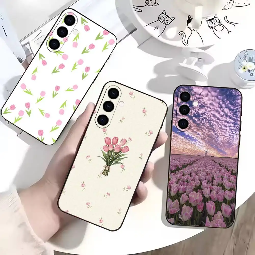 

Vintage Pink Tulip Bouquet Phone Case Black Silicone Soft For Samsung Galaxy A73,A72,A71,A70,A53,A52,A51