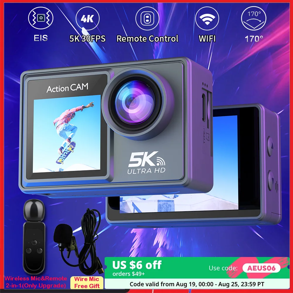 

5K 4K60FPS Action Camera Dual IPS Touch LCD EIS 170° DVR 30M Waterproof 5X Zoom Sport Camera With Wireless Mic & Pre Recording