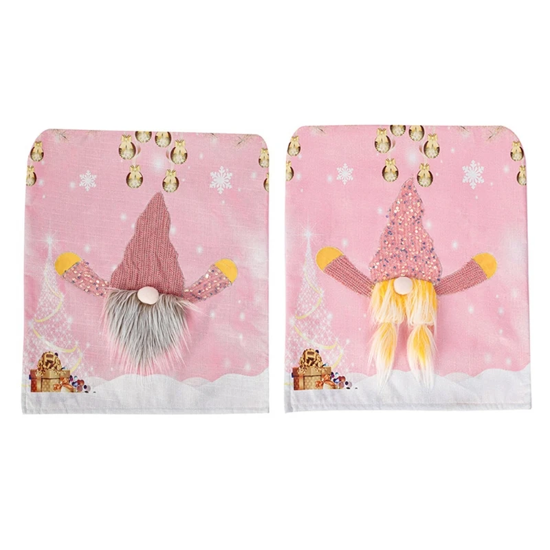 Christmas Faceless Gnome Chair Cover LED Light Pink Chair Back Slipcover Decor