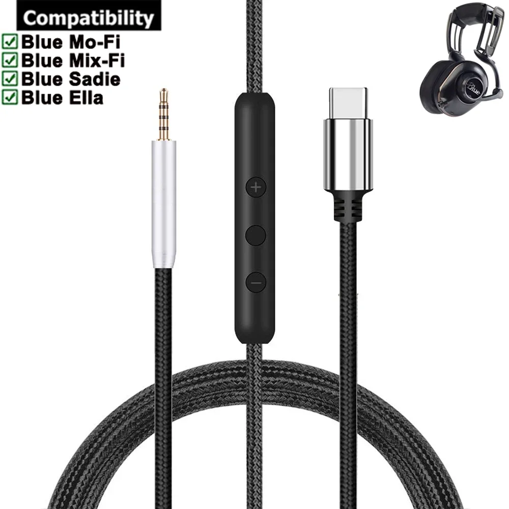 OFC USB Type C 2.5mm Nylon Braided Cable Extension Cord For Blue Mo-Fi Mix-Fi Sadie Ella headphones