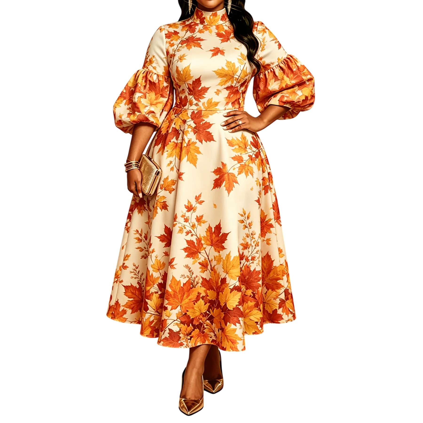 Fall Elegant Maple Leaf Print Midi Dress Mock Neck Puff Sleeve High Waist A-Line Dress for Wedding Guest Party