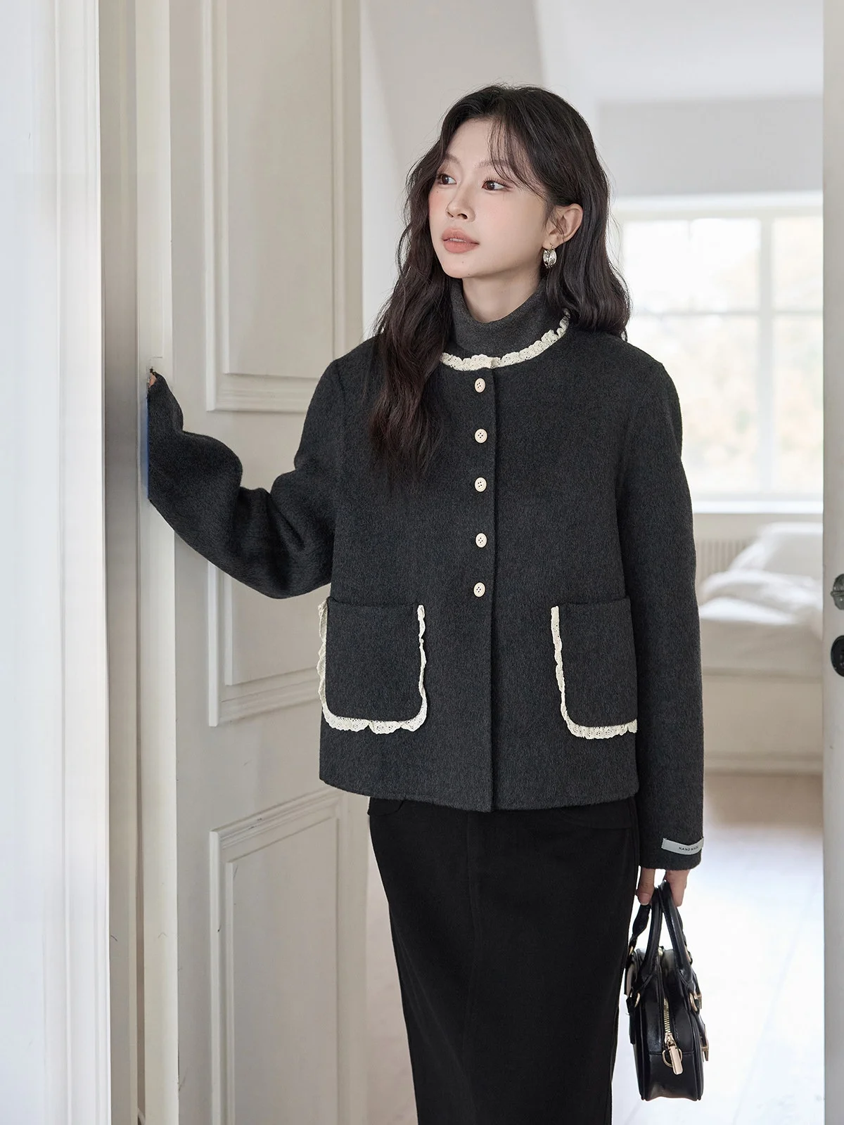 

Double-Sided Woolen Coat for Women Ele Lace Trim Patchwork Versatile Top Commute Korean Sle Long Sve round Ne Sing...