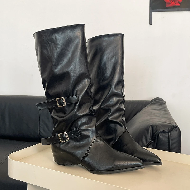 Woman Boots Motorcycle Footwear &9675 Knee High Platform Chunky Heels Trend Punk Gothic New Rock Leather Fashion Women's Shoes