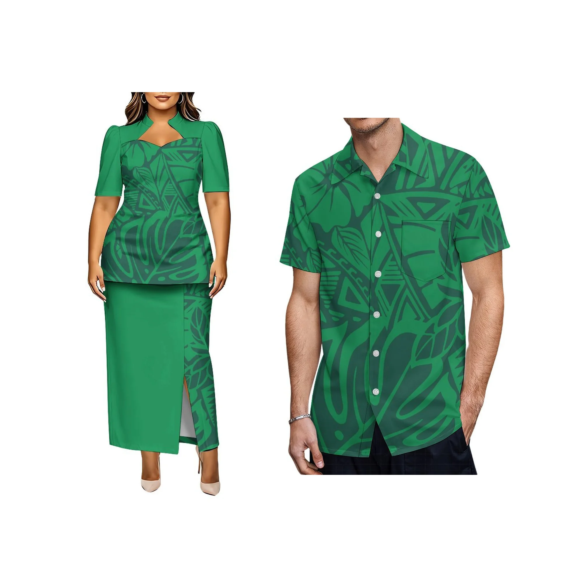 Ladies Puletasi 2 Piece Outfit Plus Size Short Sleeve Stand Collar Top Side Slit Maxi Skirt Hot Polynesian Tribal Print Custom