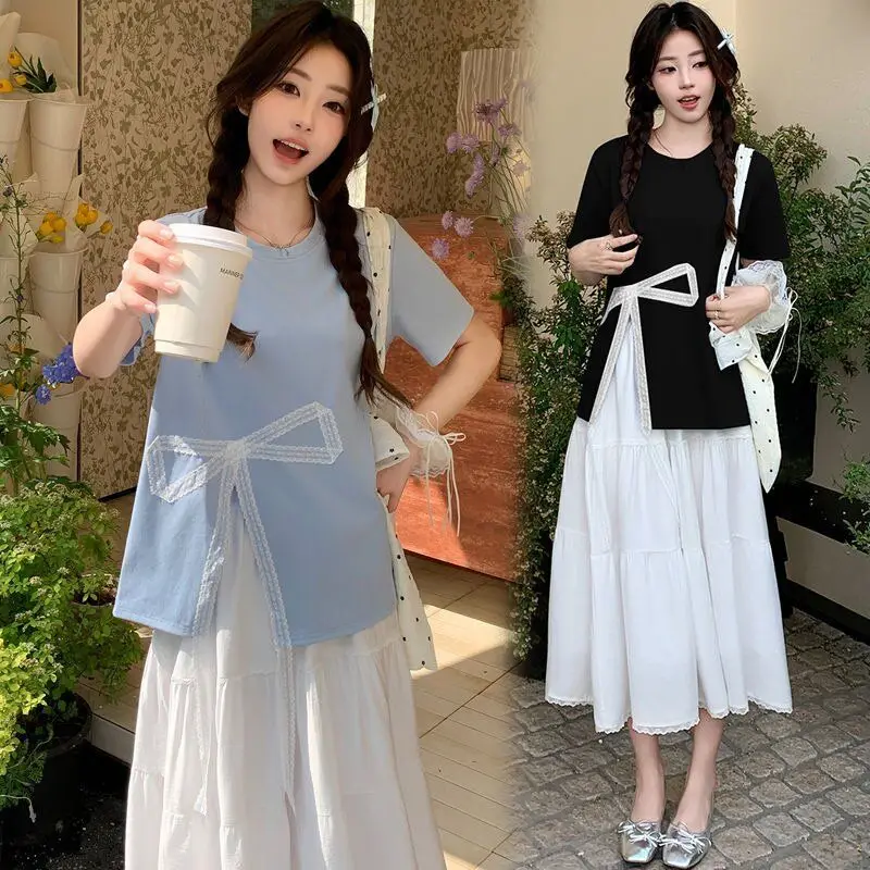 

Летний новый женский комплект: свободная футболка с бантом и юбка с разрезом, корейский модный стиль, топ с коротким рукавом и юбка в комплекте