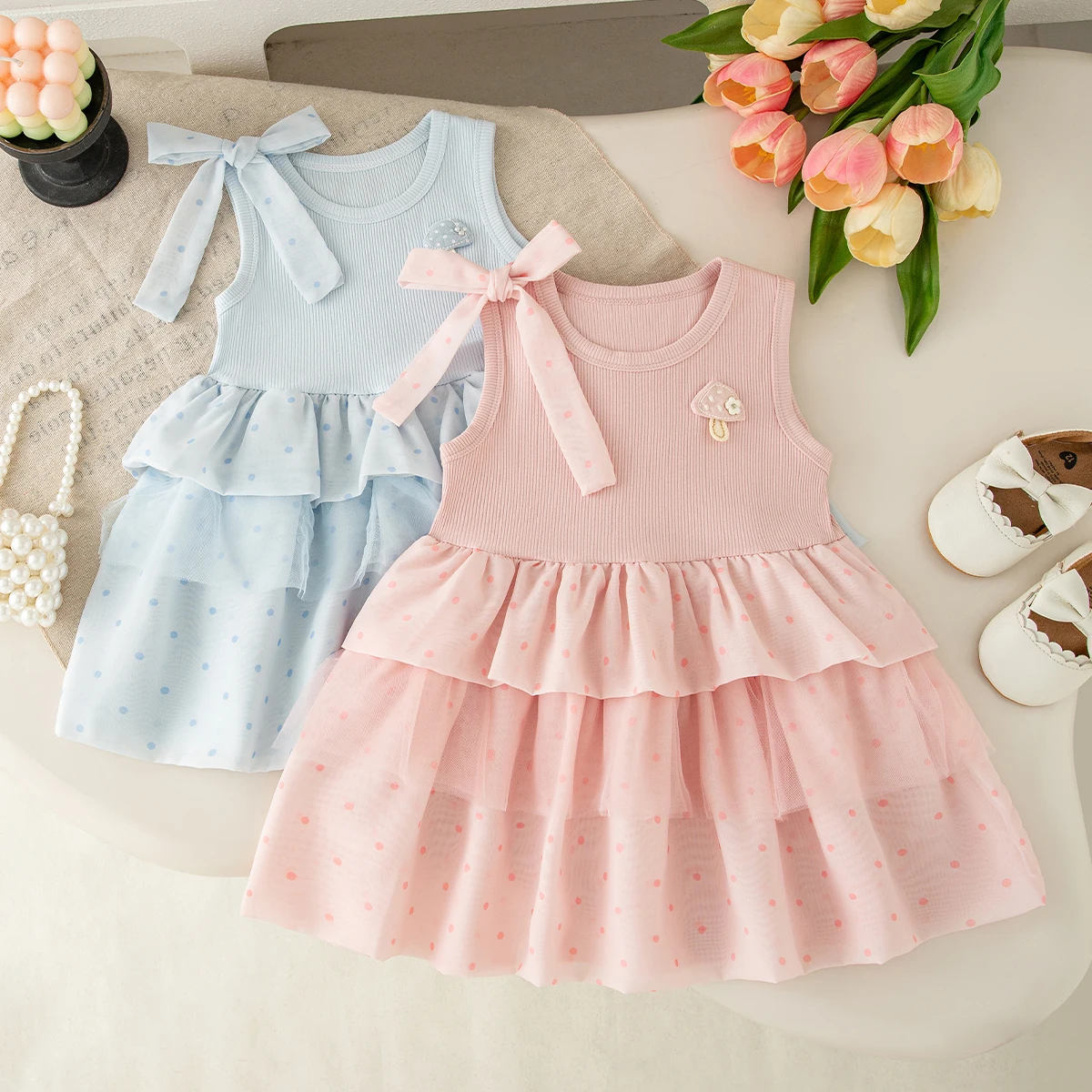 Summer New Sweet Bow Baby Girl Dress Cute Solid Color Children'S Sleeveless Clothes (9 Months -4 Years Old)