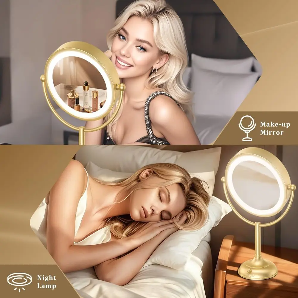 Miroir de maquillage LED double face doré 1X/10X de 8,5 pouces avec éclairage réglable et 360 °   Base pivotante