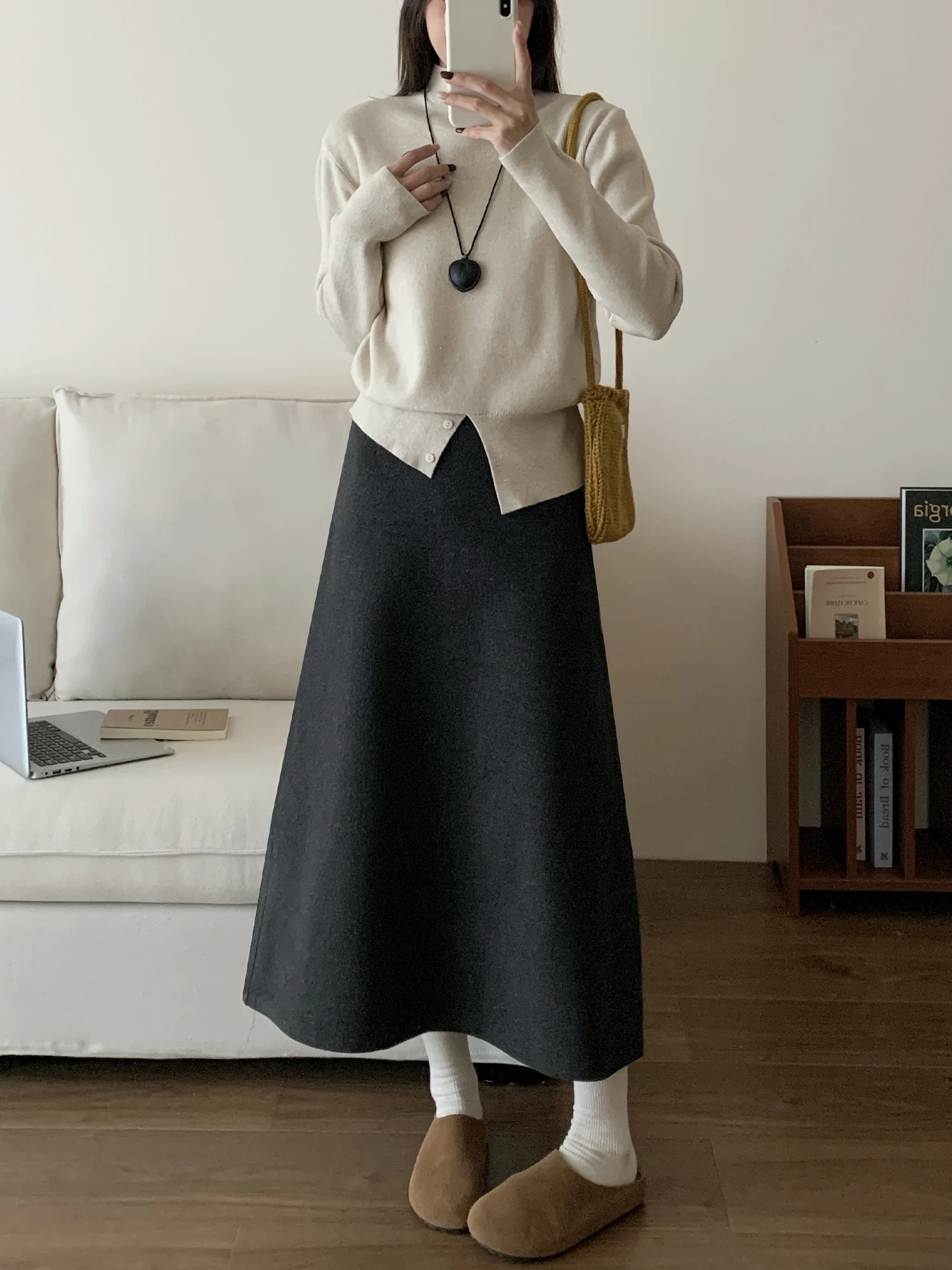 

Шерстяная юбка Deep ey College Sle A-Line для женщин, корейская версия, с высокой талией, длинная, для невысоких женщин с фигурой типа «груша», скрывающая бедра