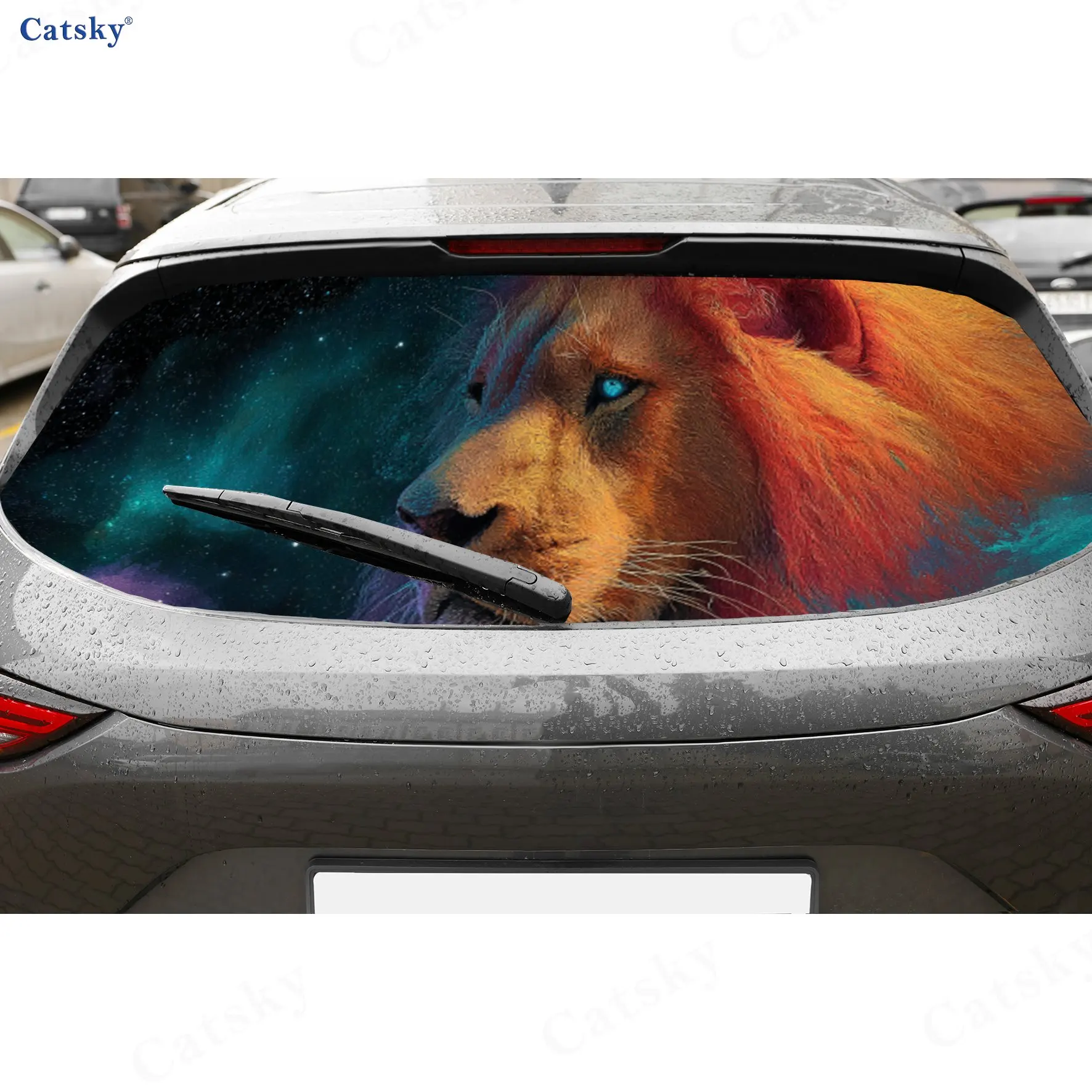 

Blue-Eyed Lion Cosmic Fantasy PVC Perforated Car Vinyl Wraps, Durable Car Rear Windshield Sticker, Waterproof Car Rear Window De