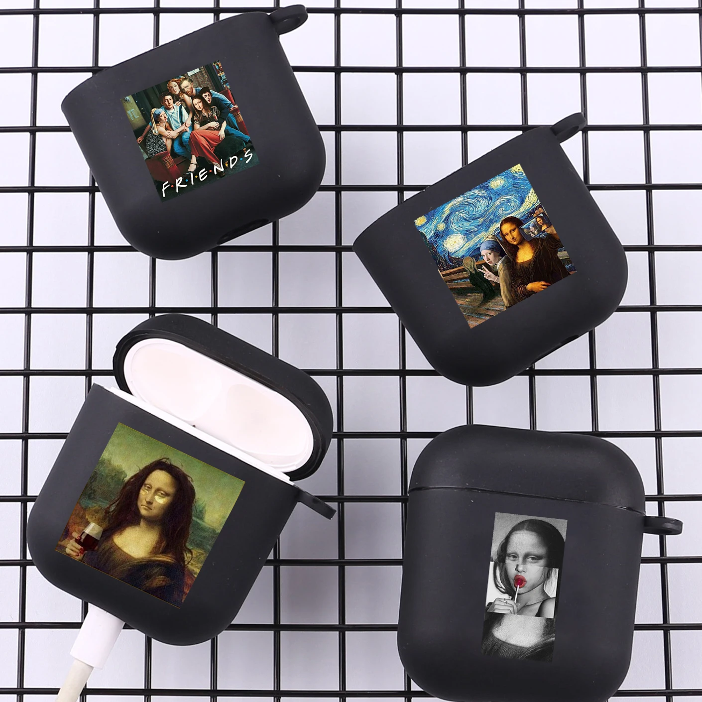 Aesthetic Abstract Art Mona Lisa With Hook Case For AirPods 2 3 1 Cases For Apple AirPods Pro 2 Coque Black Soft Earphone Cover