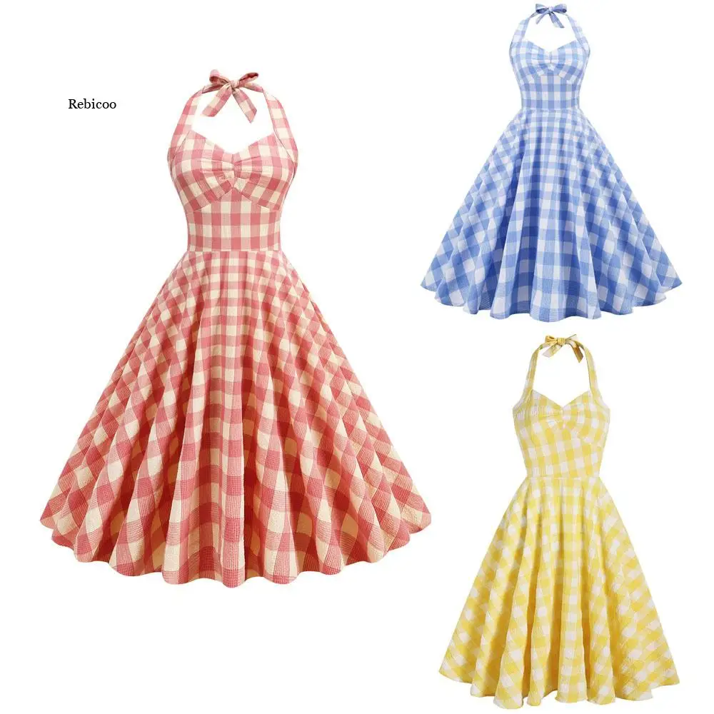 

Women Vintage Halterneck Dress Plaid Retro Rockabilly Plaid Cocktail Party 1950s 40S Swing Dress Summer Dress Casual Dress