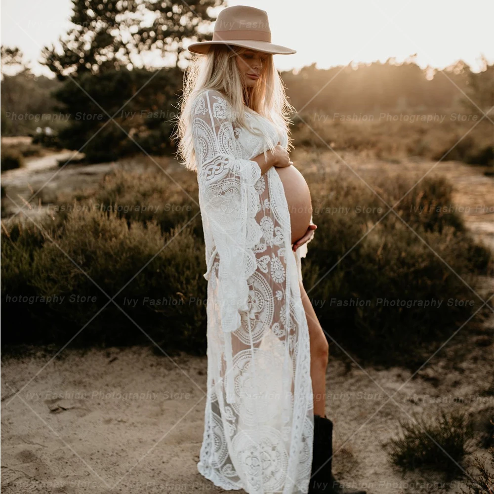 Maternity Photography Props Dress Lace Flare Sleeve Robe Bohemian Photo Shooting Pregnancy Dress Baby Showers Robe