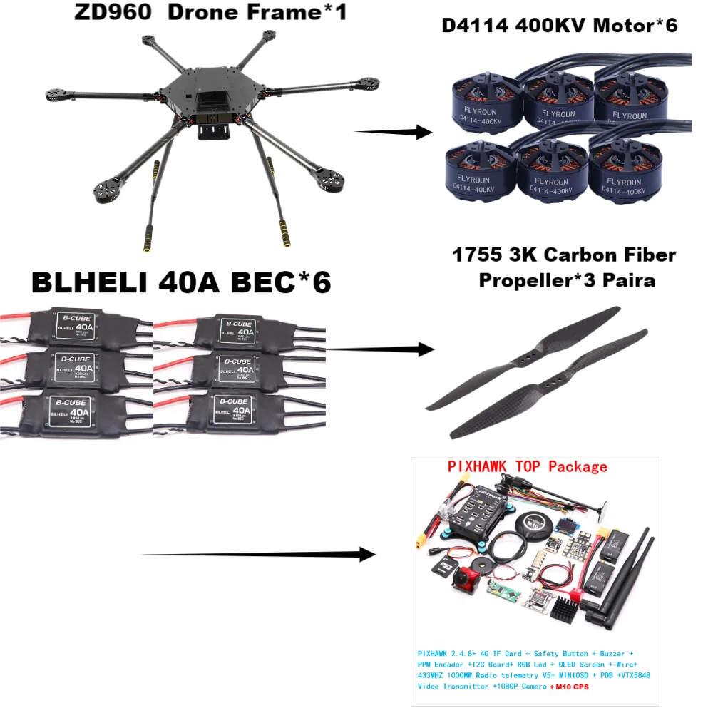 

ZD960 PIXHAWK2.4.8 M10 Полностью карбоновая рама с шестиротором BLHELI 40A ESC Flight Comtrol Набор телеметрии Rado