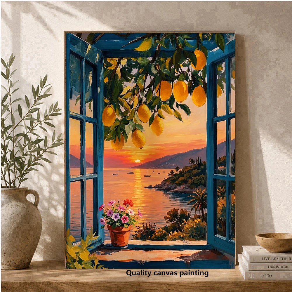 Mediterranean Lemon View Art Print, Coastal Sunset Wall Decor, Home Living Room Decor, Indoor Poster, Canvas, No Frame