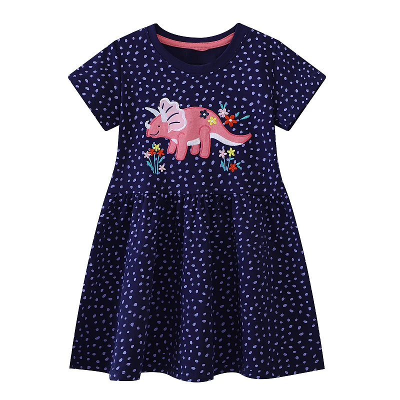 Little Maven Kleid für Mädchen, Kinderkleidung, kurzärmelig, Stickerei, Dinosaurier, Baby-Mädchen, Baumwolle, Sommer, Kinderkleidung, Kleider