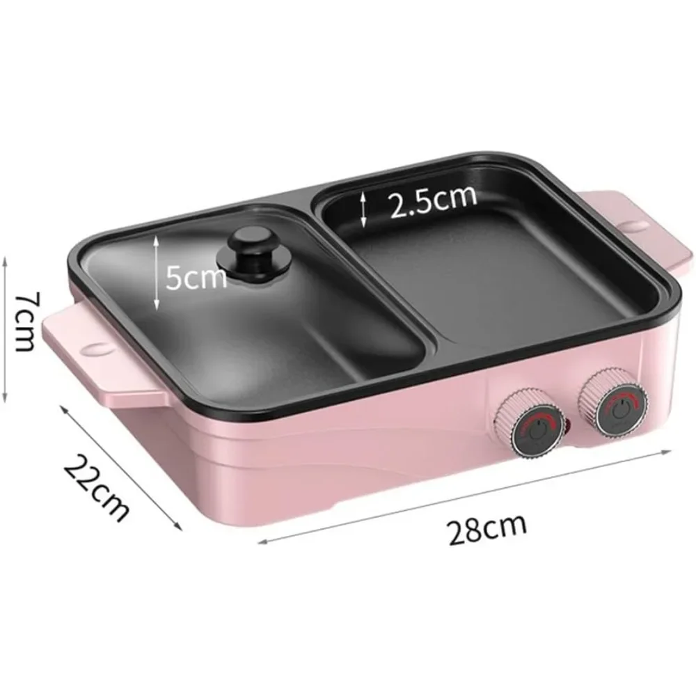 Electric Grill Indoor Hot Pot e,Separate Dual Temperature Contral, for 2-8 People Family Gathering Friend Meeting Party (pink)