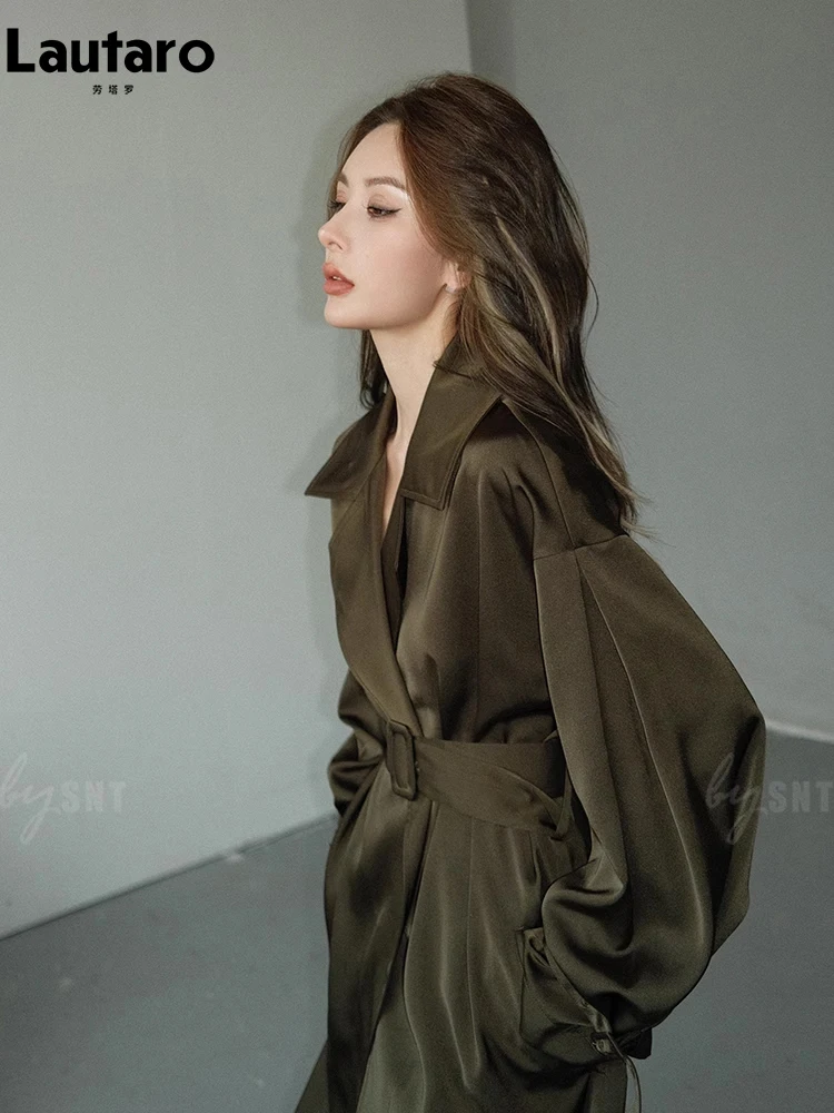 Lautaro Autumn Long Flowy Dark Green Trench Coat for Women Belt Single Breasted Luxury Designer Women Clothing 2023 New Arrivals