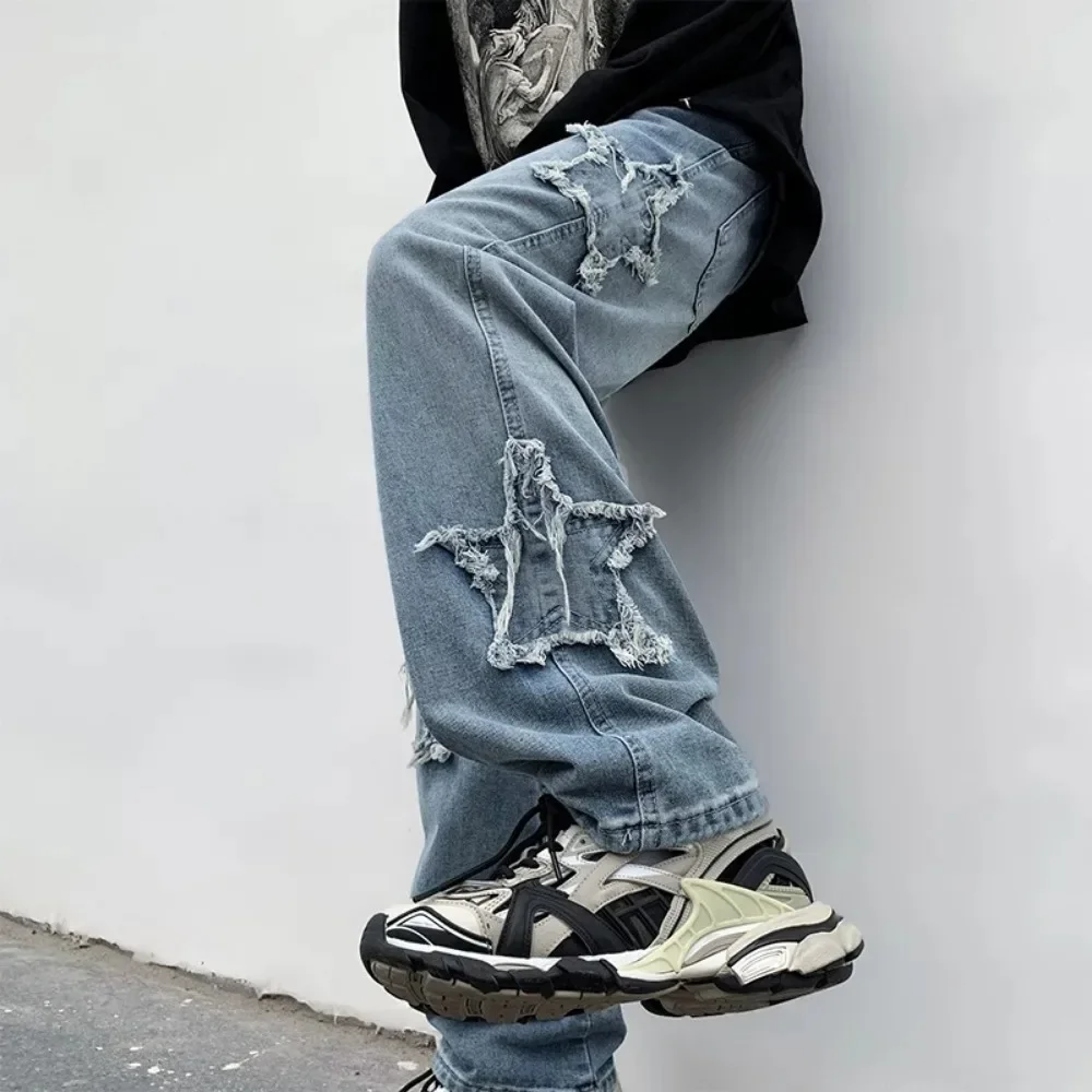 2024 New Fashion Stars Embroidery Men Jeans Pants Y2K Clothes Straight Hip Hop Cotton Trousers Pantalon Homme streetwear