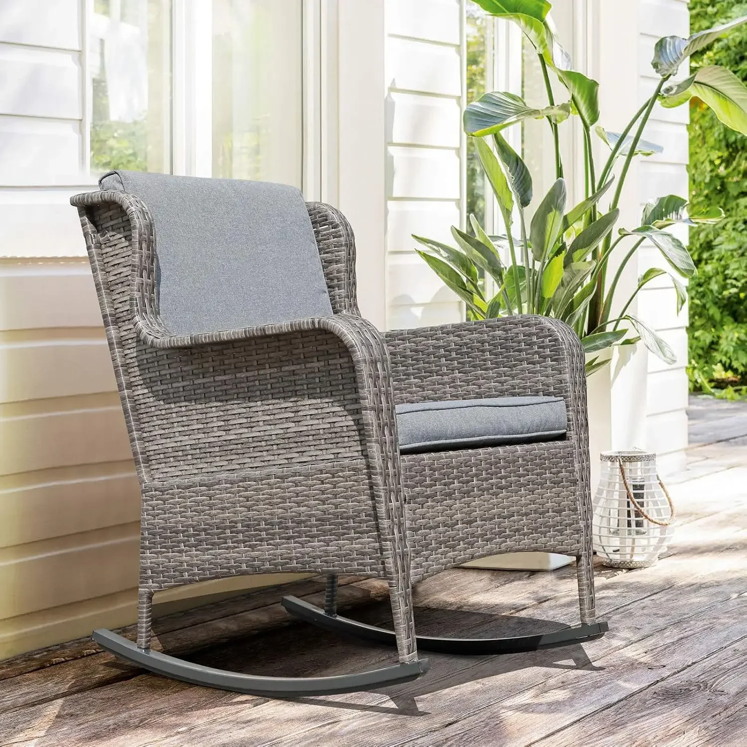 

Outdoor Resin Wicker Rocking Chair with Cushions, Patio Yard Furniture Club Rocker Chair, Gray Wicker & Gray Cushions,Set of 2