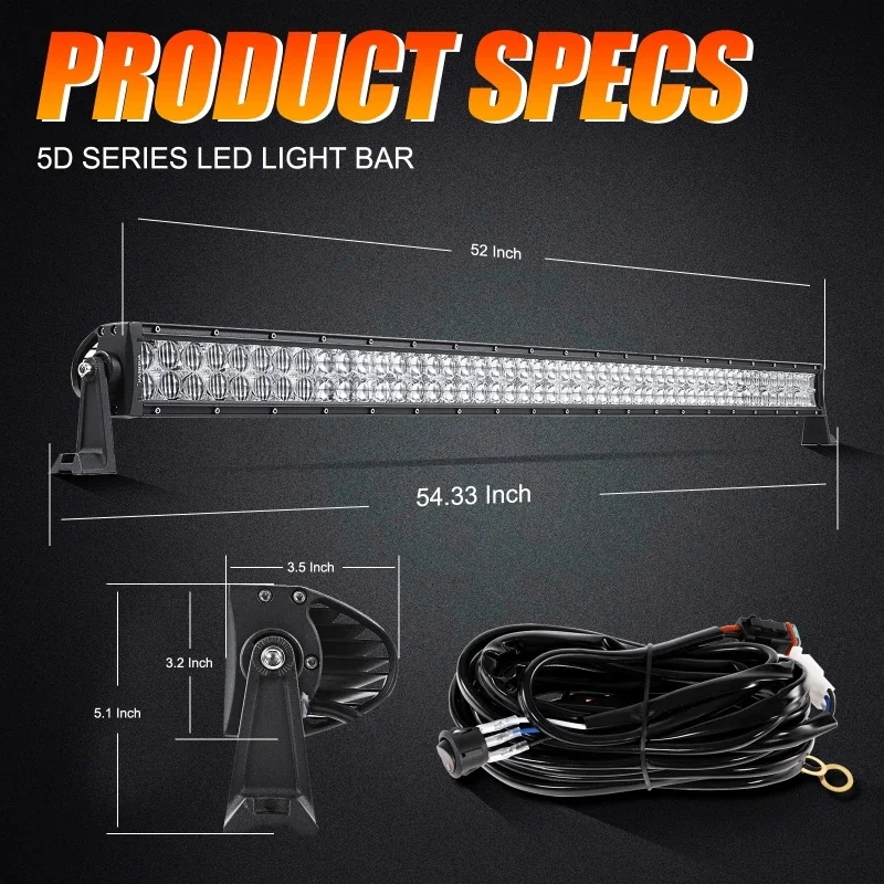 52 Inch 5D Series Straight Combo Beam Double Row LED Light Bar for SUV ATV UTV Trucks Pickup Boat